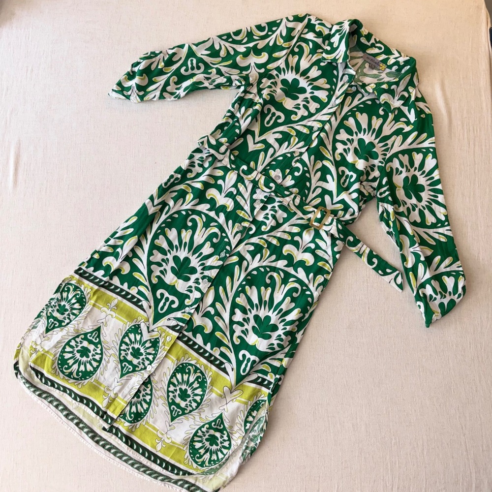 Anthropologie Figueroa & Flower Green White Belted Shirt Dress Large - Picture 2 of 11